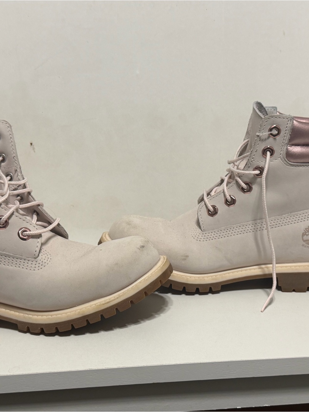 Timberland Pale Pink Lace-Up Combat Boots with Metallic Collar